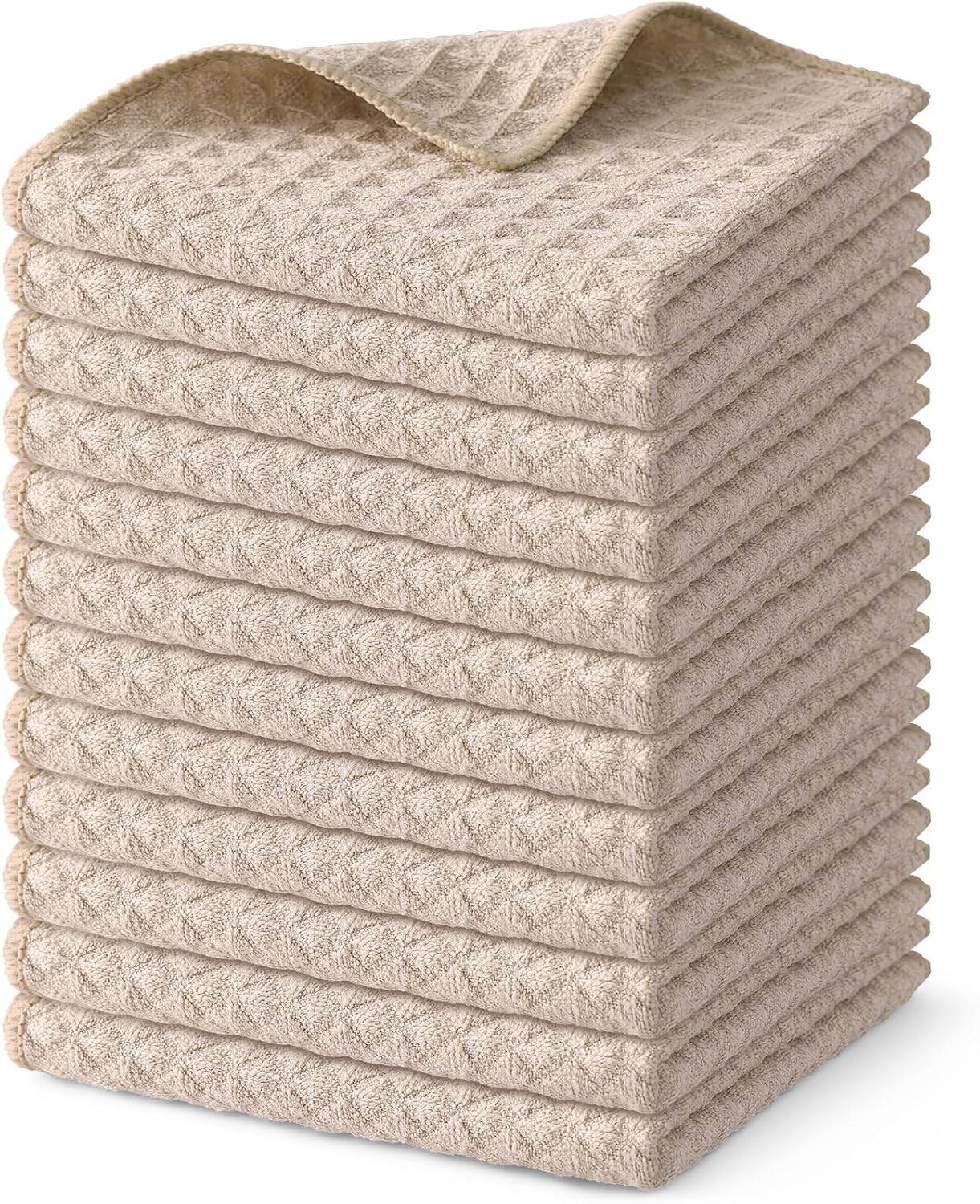 Homaxy Microfiber Waffle Weave Kitchen Dish Cloths, 12 x 12 Inch Ultra Absorbent and Solid Color Dish Towels for Kitchen Fast Drying Dishcloth for Washing Dishes, 12 Pack, Beige