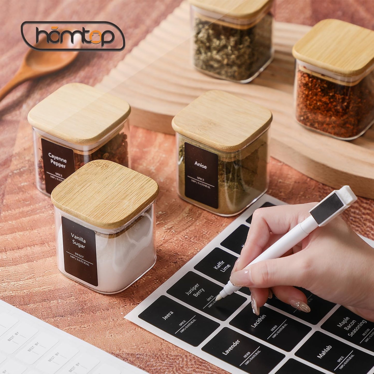 16Pcs 7oz Spice Jars Glass Container with 275 Labels, Airtight Seasoning Empty Organizer with Bamboo Lid Set for Pepper, Salt, Sugar