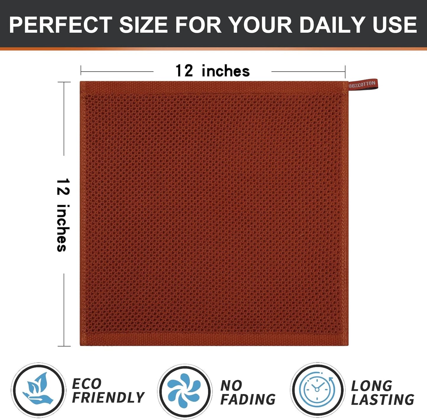 Kitinjoy 100% Cotton Kitchen Dish Cloths, 6 Pack Waffle Weave Dish Towels Ultra Soft Absorbent Quick Drying Dish Rags, 12 X 12 Inches, Rust