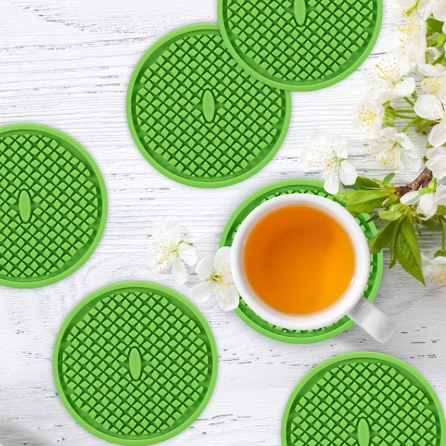 ME.FAN Silicone Coasters [6 Pack] Thickened Drink Coasters with Holder - Cup Mat - Non-Slip, Non-stick, Stay Put, Deep Tray - Prevents Furniture and Tabletop Damages(Green)