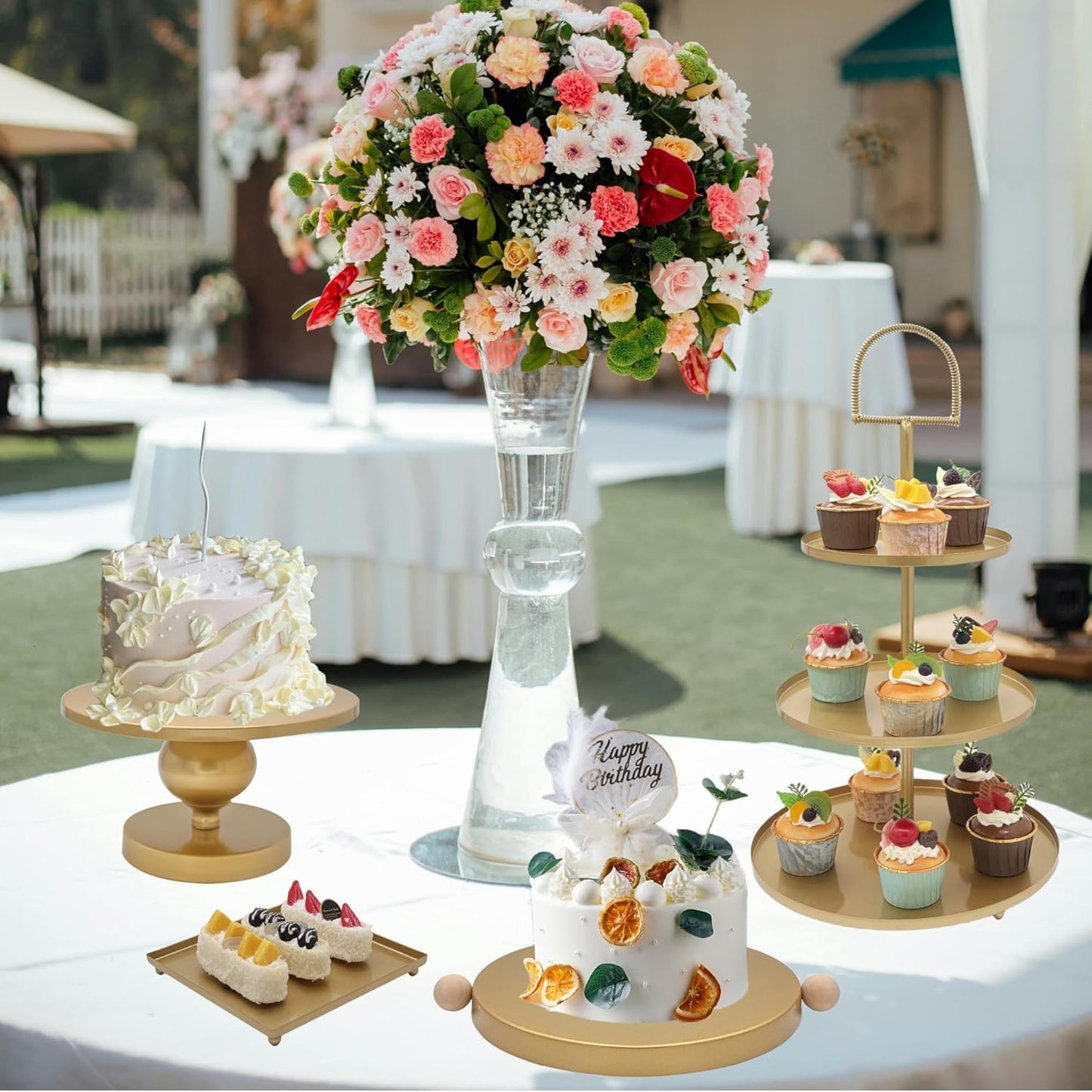 Set of 7 Gold Cake Stands Metal Dessert Display Holder Round 3 Tier Cupcake Stand Serving Tray Platter Cake Pedestal Stand for Party Weddings Birthday Baby Showers Anniversary