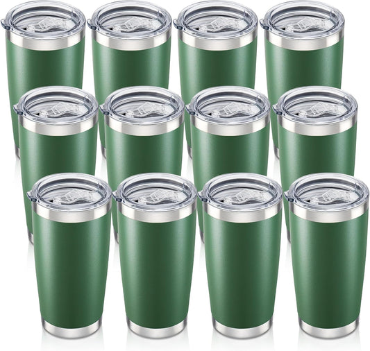 20 oz Tumbler with Lid Stainless Steel Insulated Tumblers Bulk Double Wall Vacuum Cups Powder Coated Travel Mug Keep Drinks Cold and Hot, Dark Green, 12 Pack