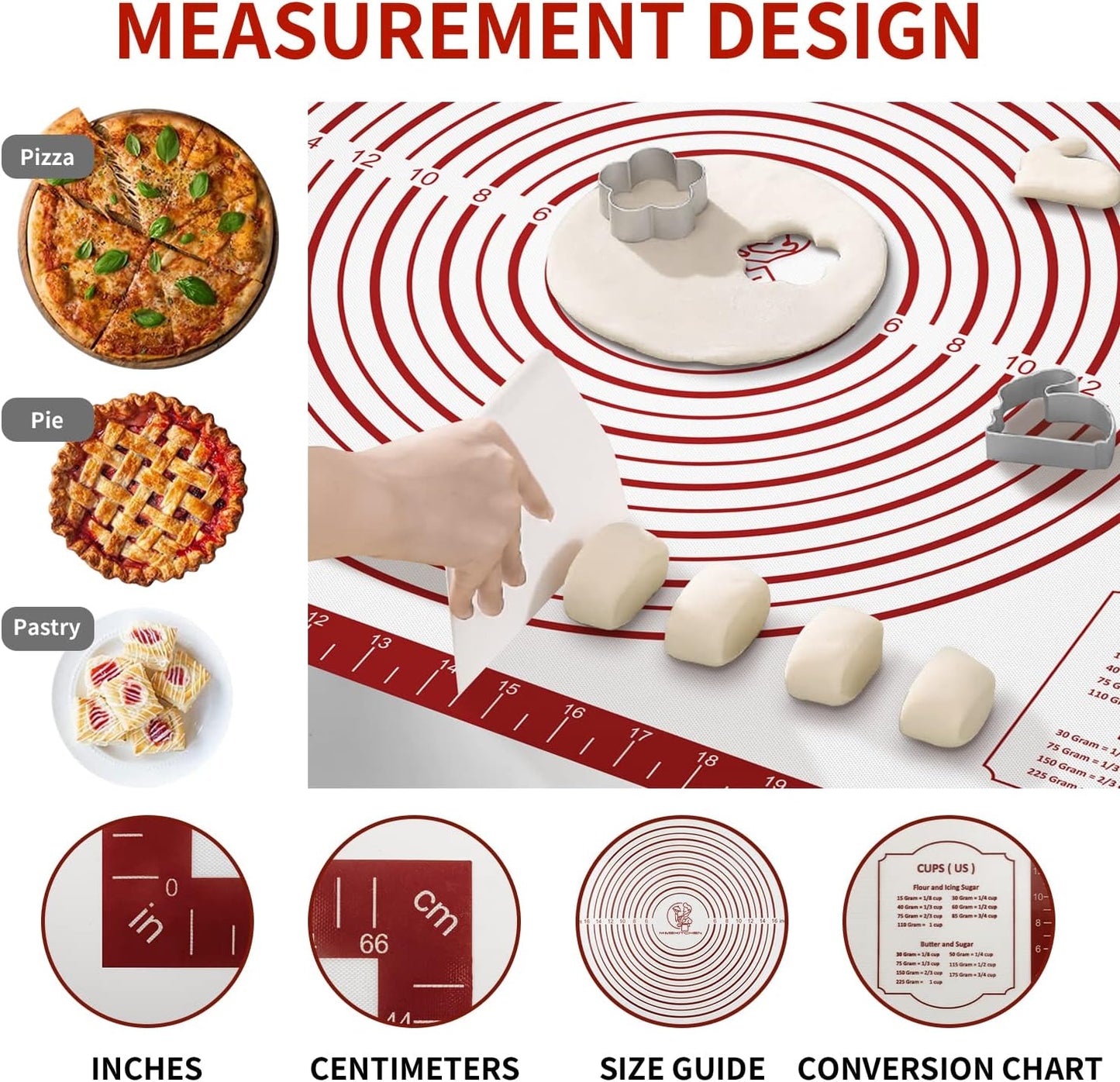 Silicone Baking Pastry Mat, Non Stick Dough Rolling Sheet with Measurement, Nonslip Kitchen Counter Mat, Oven Liner Mat Fondant Dough Kneading Mat for Making Cookies Macarons Bread Pizza