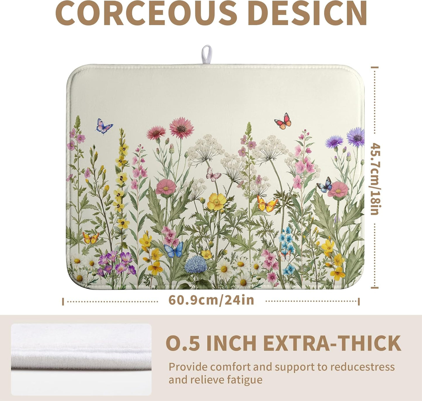 Spring Dish Drying Mat Summer Floral Flowers Kitchen Dish Drying Pad Absorbent Dish Dryer Mat for Kitchen Countertops Microfiber Dishes Drainer Pad Dish Drying Rack Mat (18x24 in)