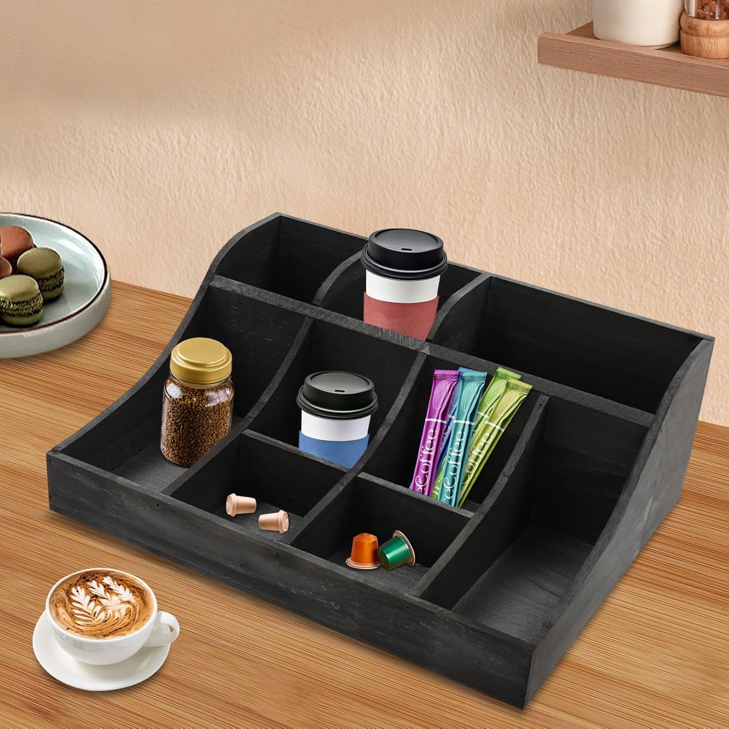 Coffee Bar Organizer for Countertop, Wooden Condiment Organizer Coffee Station Organizer Coffee Cup Syrup Pod Holder, Coffee Bar Organizer for Home Office Cafe, 9 Compartment, Black