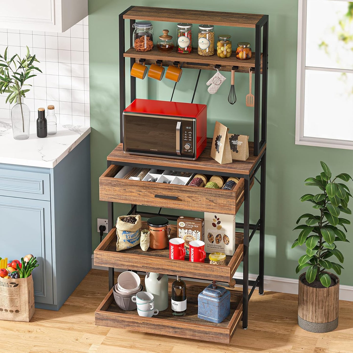 LITTLE TREE Kitchen Baker’s Rack with Power Outlets, Freestanding 5-Tier Microwave Stand with Drawers & Sliding Shelves, Coffee Bar with 6 Hooks for Dining Room Living Room, Rustic Brown