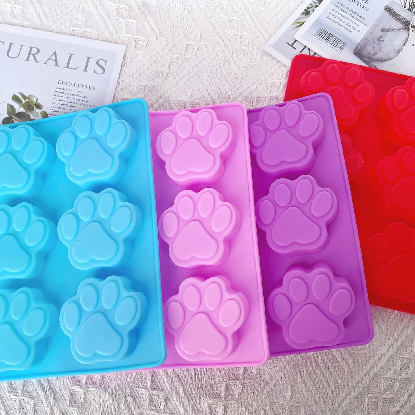 Puppy Dog Paw Silicone Molds,Non-Stick Food Grade Silicone Molds for Chocolate, Candy, Jelly, Ice Cube, Dog Treats Baking Mould(Set of 4PCS) (Blue Pink Purplish Red)