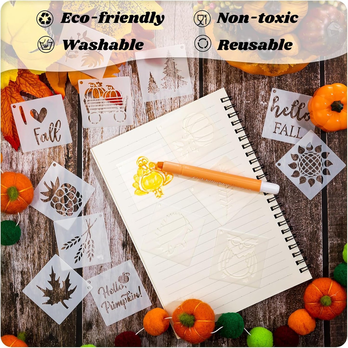 100 Pcs Stencils for Painting on Wood Reusable Stencil Crafts Drawing Templates Holiday Wall Paper for DIY Scrapbook Home 2 x 2 Inch(Maple, Pumpkin)