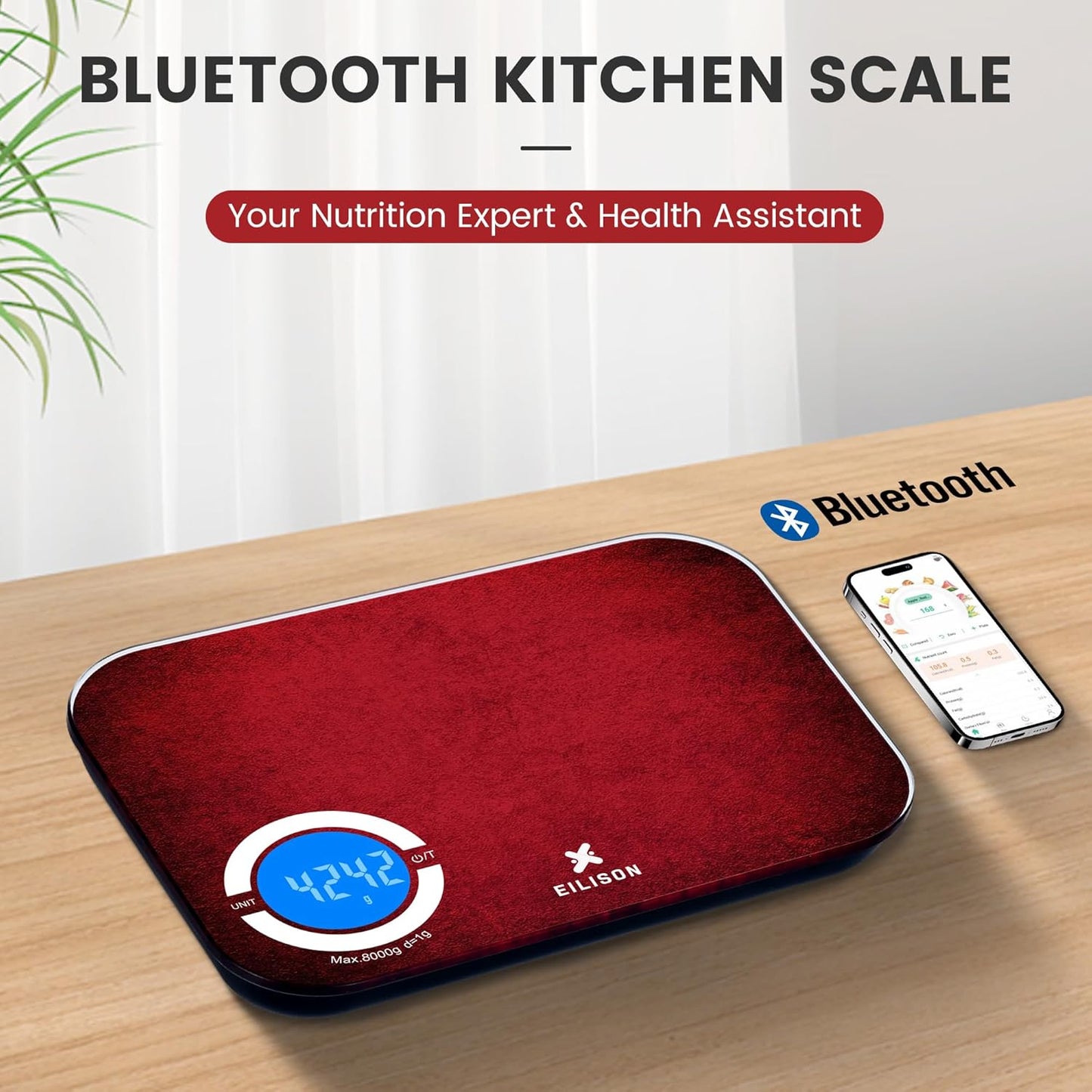 EILISON Smart Kitchen Food Scale with Bluetooth App, High-Precision Digital Food Scale for Baking, Cooking & Diet, 24 Nutrients with Macro Keto Calorie Cooking, Grams, 5g-8000g Capacity (Red)