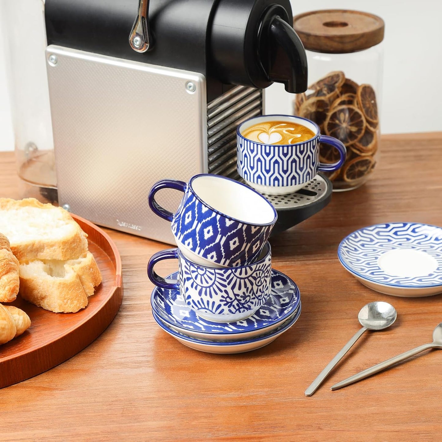 Selamica Ceramic Espresso Cups with Saucers and Metal Stand, 4 OZ Stackable Cappuccino Cups, Demitasse Cups for Latte Coffee Café Mocha Tea, Set of 4, Vintage Blue