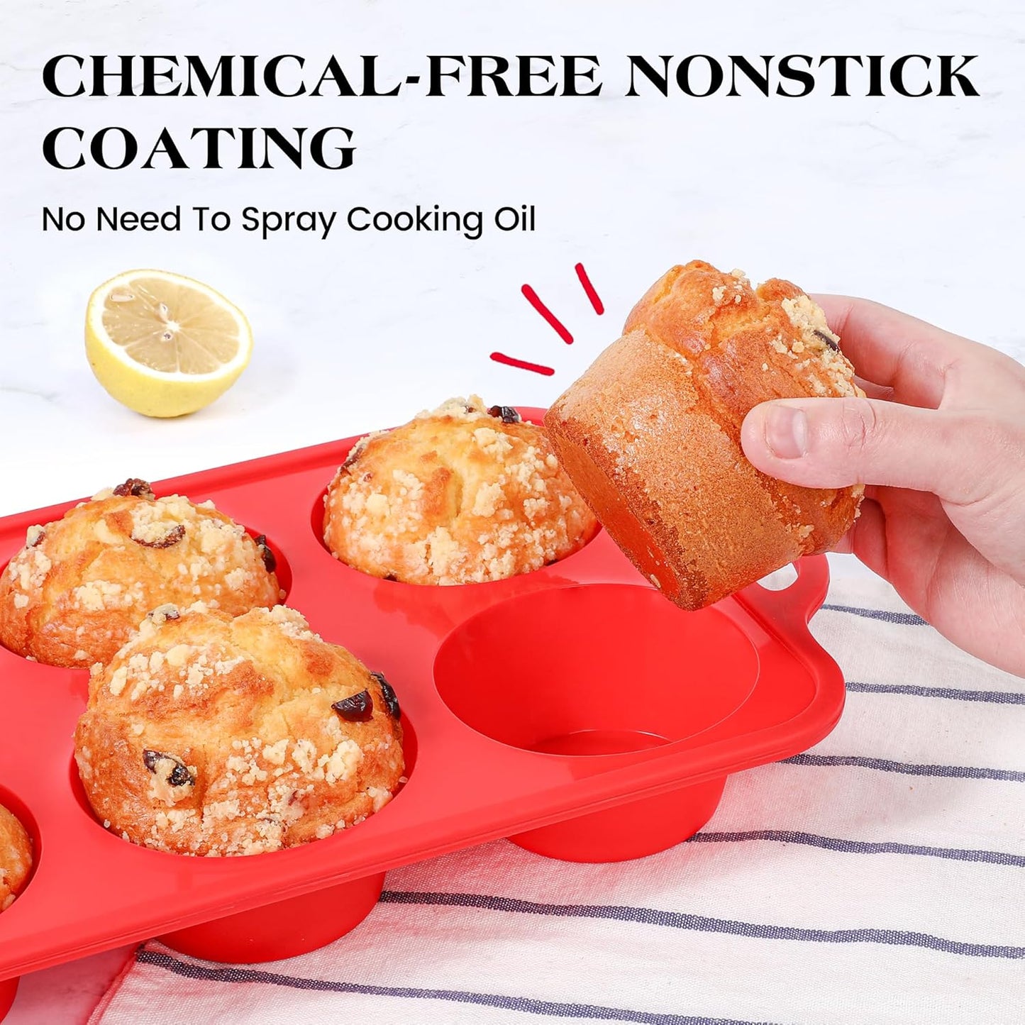 2 Pcs Jumbo Muffin Pan with Metal Frame, Nonstick 6 Cup Extra Large Cupcake Pan for Baking, Silicone Deep Muffin Tray for Egg Bites (Red)