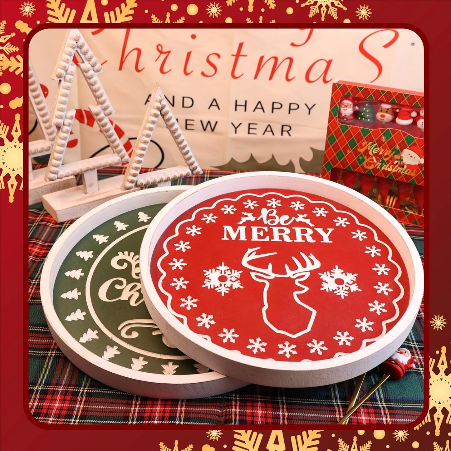 Christmas Reindeer Wood Decorative Ottoman Tray for Coffee Table Kitchen Counter, Living Room, Round Handcrafted Red Wooden Serving Tray for Table Centerpiece