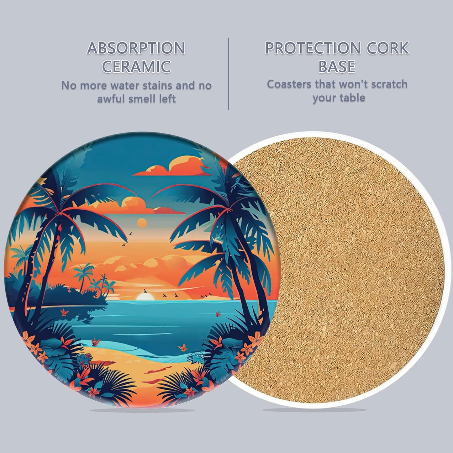 Drink Coasters Set of 6 with Holder, Palm Trees Beach Sunset Absorbent Ceramic Drink Coaster for Tabletop Protection,Suitable for Kinds of Cups,Drinks Coasters for Home Office Decoration(4 Inches)