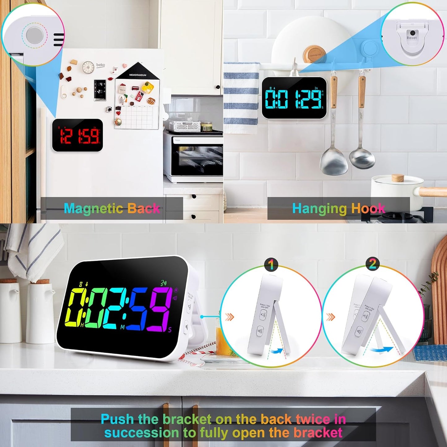 Kitchen Timer for Cooking, 10 RGB Color Rechargeable Digital Magnetic KidsTimer with Voice Reminder, Countdown/Up, 5”LED Display 3 Brightness 4 Volume Adjustable for Kids Classroom Home Gym-RGB