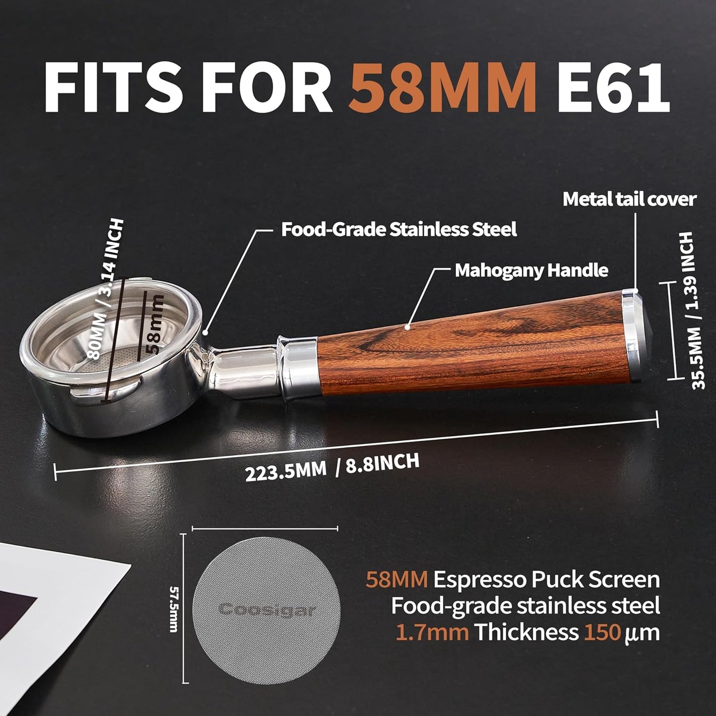 58mm Bottomless Portafilter | Fits for E61 Group Head 2 Ears machines| Stainless Steel portafilter and Mahogany Handle|Espresso Machine Accessories(Mahogany)