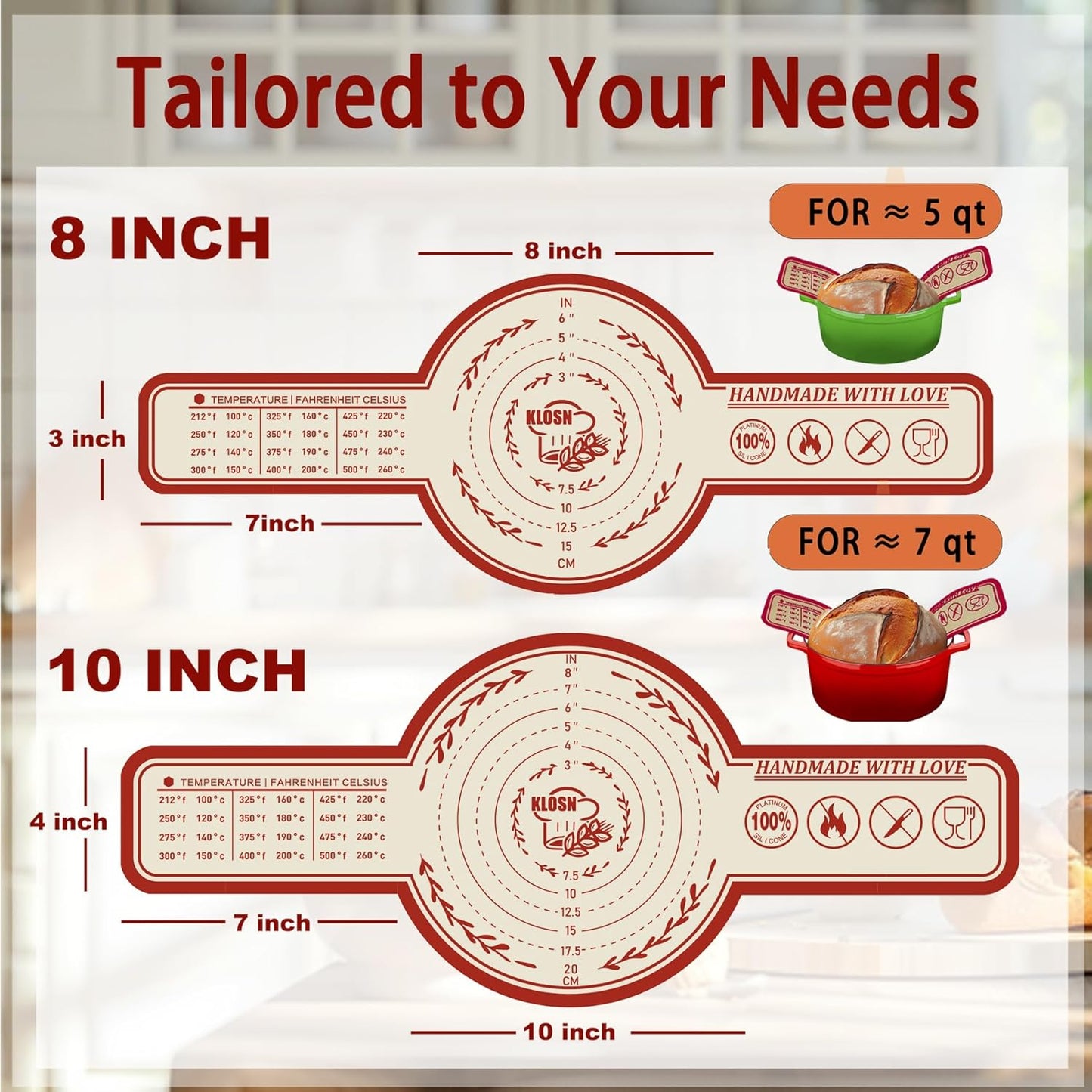 Silicone Bread Sling for Dutch Oven, 2 Pack (8" Round) – Non-Stick & 500°F Heat Resistant Sourdough Mat, Easy to Clean, Reusable Food-Grade Sourdough Slings – Fits 5 qt and up Dutch Ovens