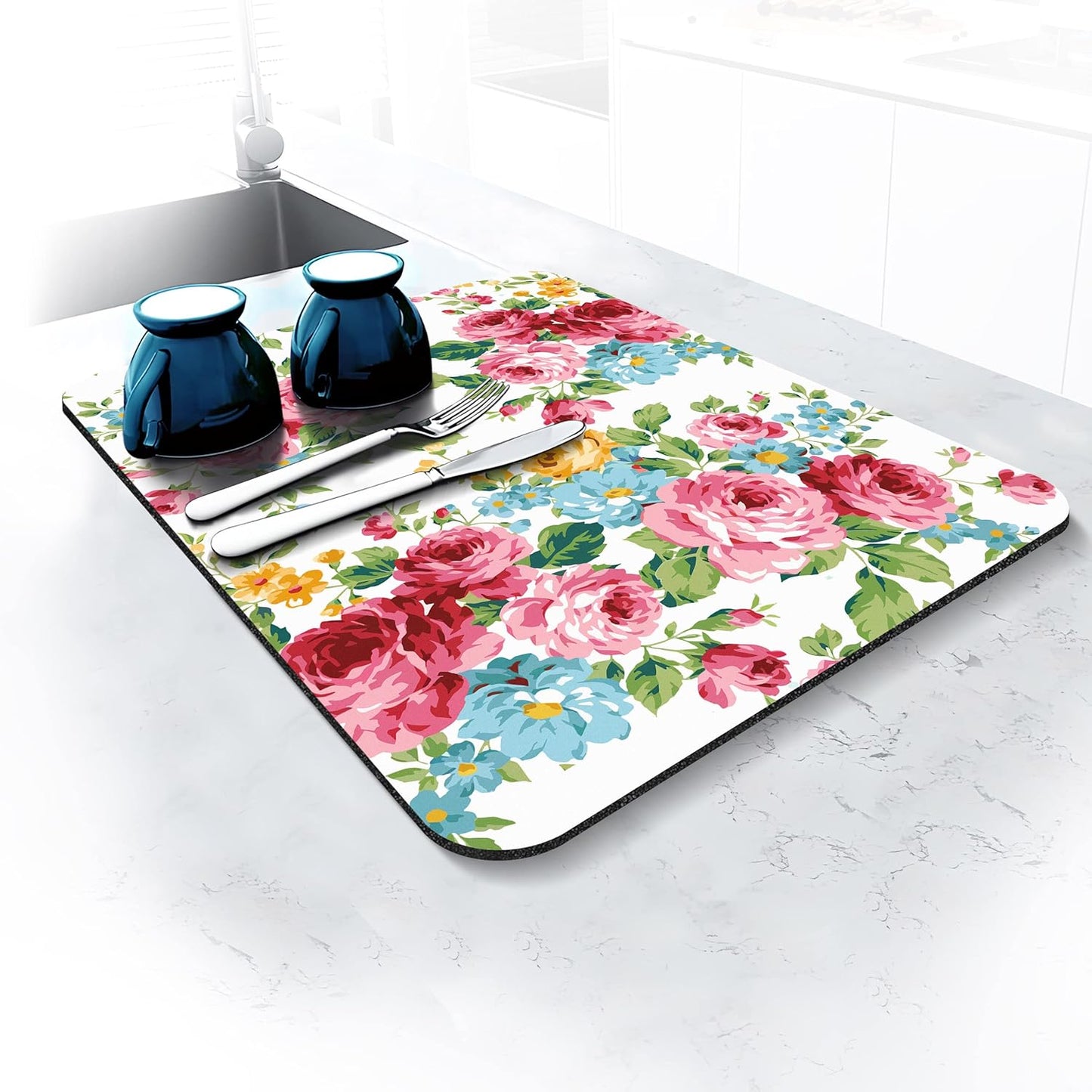 Rubber Dish Drying Mat for Kitchen Counter Large Pink Red Roses Floral Washable Quick Home Coffee Pad Fit Under Sink,Bar,Utensils 16x18in