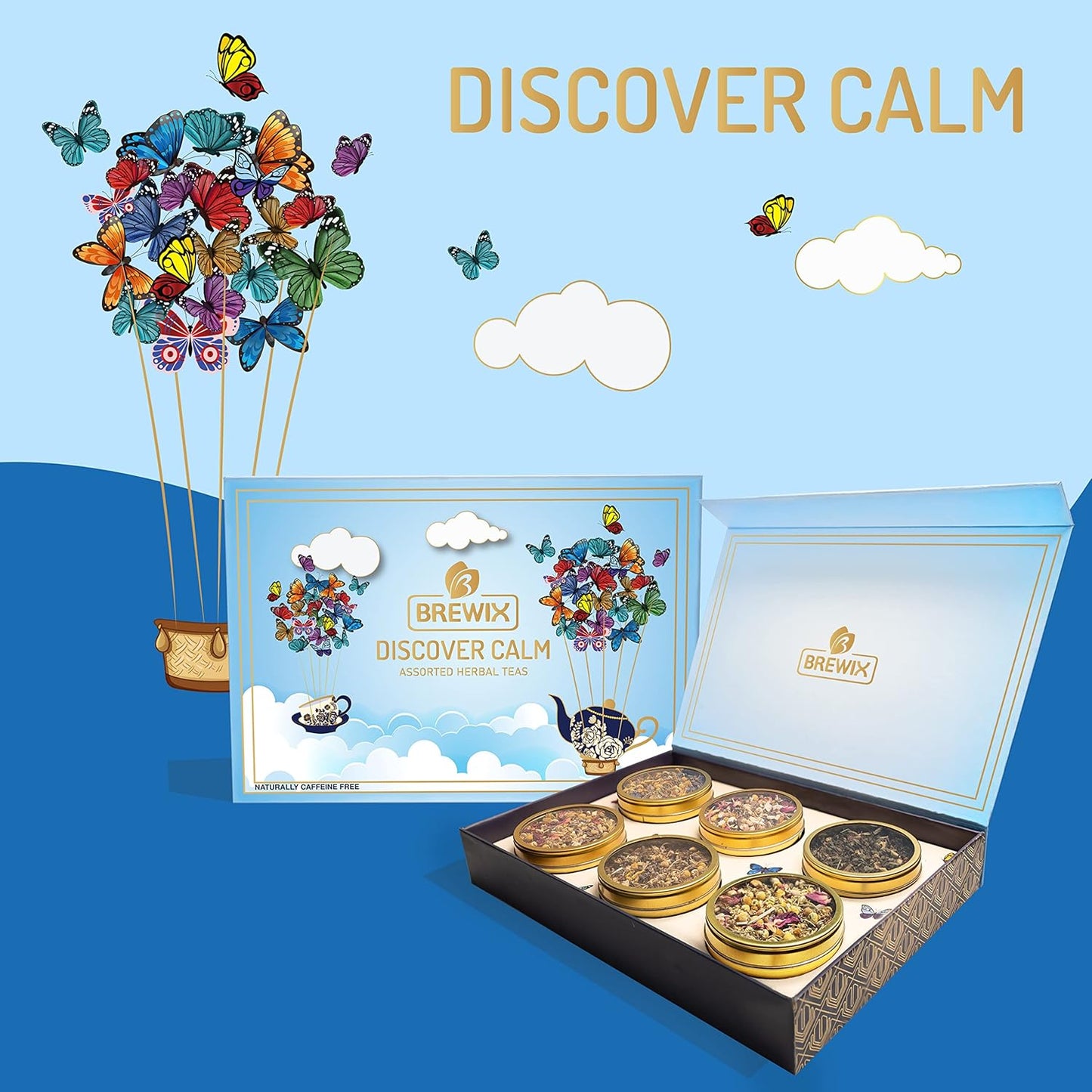 BREWIX, Discover Calm Premium Herbal Tea Christmas Gift Box (3.53oz/50+ Cups) | Tea Gift Sets For Tea Lover | 6 Unique Herbal Teas | Best for Birthdays, Anniversaries & Holidays