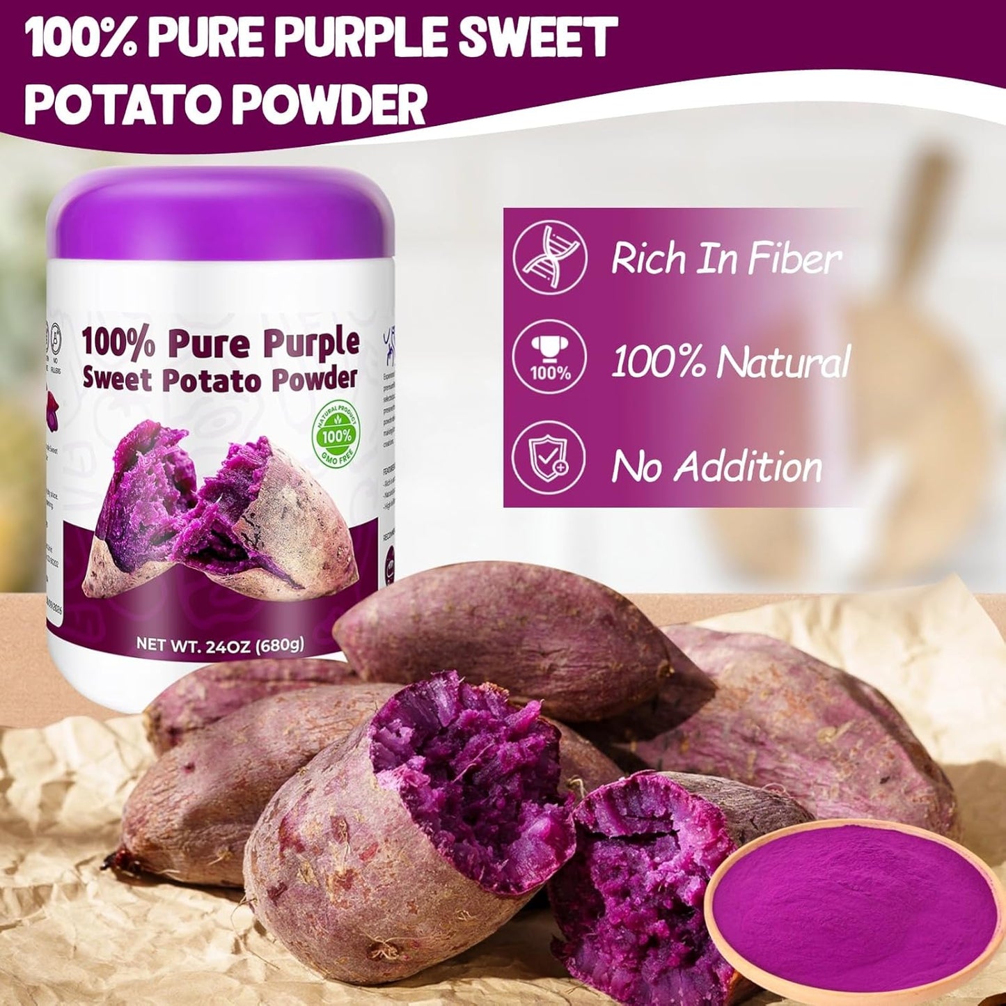 Purple Sweet Potato Powder 24oz (680g) - Natural Food Coloring for Baking, Drinks & Smoothies｜Ube/Purple Yam Alternative, Non-GMO, Gluten-Free, Resealable Fresh Pack