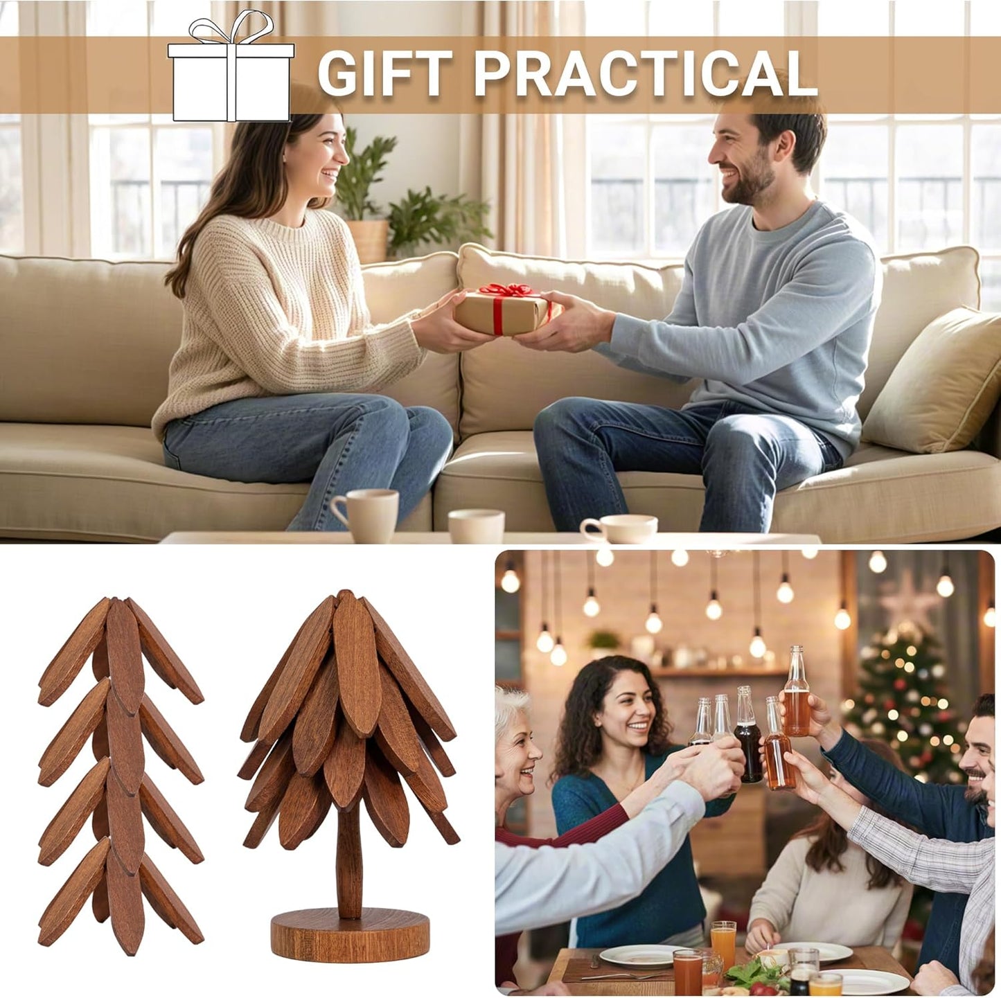 Yuoyar Trivets, Wooden Tree-Shaped Sapeli Wood Drink Trivets Set for Coffee Table, Kitchen Table Decor