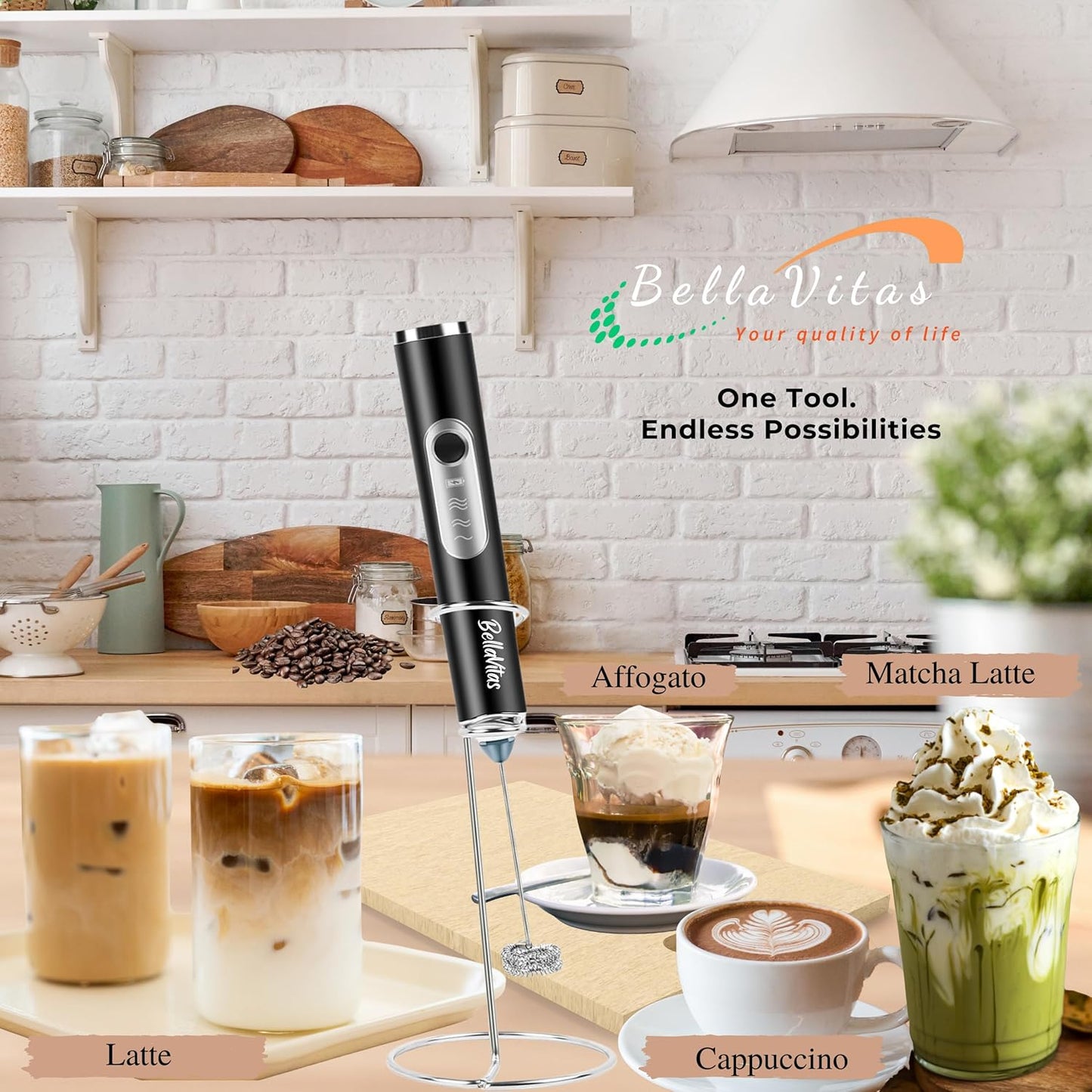 Milk Frother Handheld Rechargeable 3-Speed Electric Frother Wand Whisk Foam Maker Drink Mixer with Stand, 2 Whisks, Spice Shaker, Art Stencils, Art Pen for Coffee Latte, Cappuccino, White