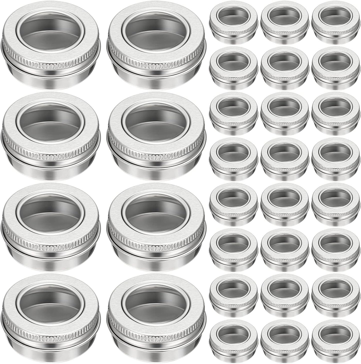 Zubebe 50 Pcs Aluminum Tin Jar Refillable Containers Clear Top Screw Lid Round Tin Container Bottle for Cosmetic, Cream, Diamond Painting, Salves, Balms, Lip Balm, Spices or Others, Silver (1 oz)