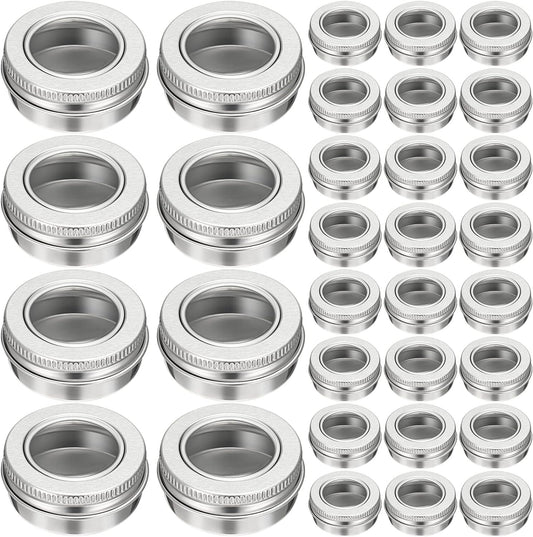 Zubebe 50 Pcs Aluminum Tin Jar Refillable Containers Clear Top Screw Lid Round Tin Container Bottle for Cosmetic, Cream, Diamond Painting, Salves, Balms, Lip Balm, Spices or Others, Silver (1 oz)