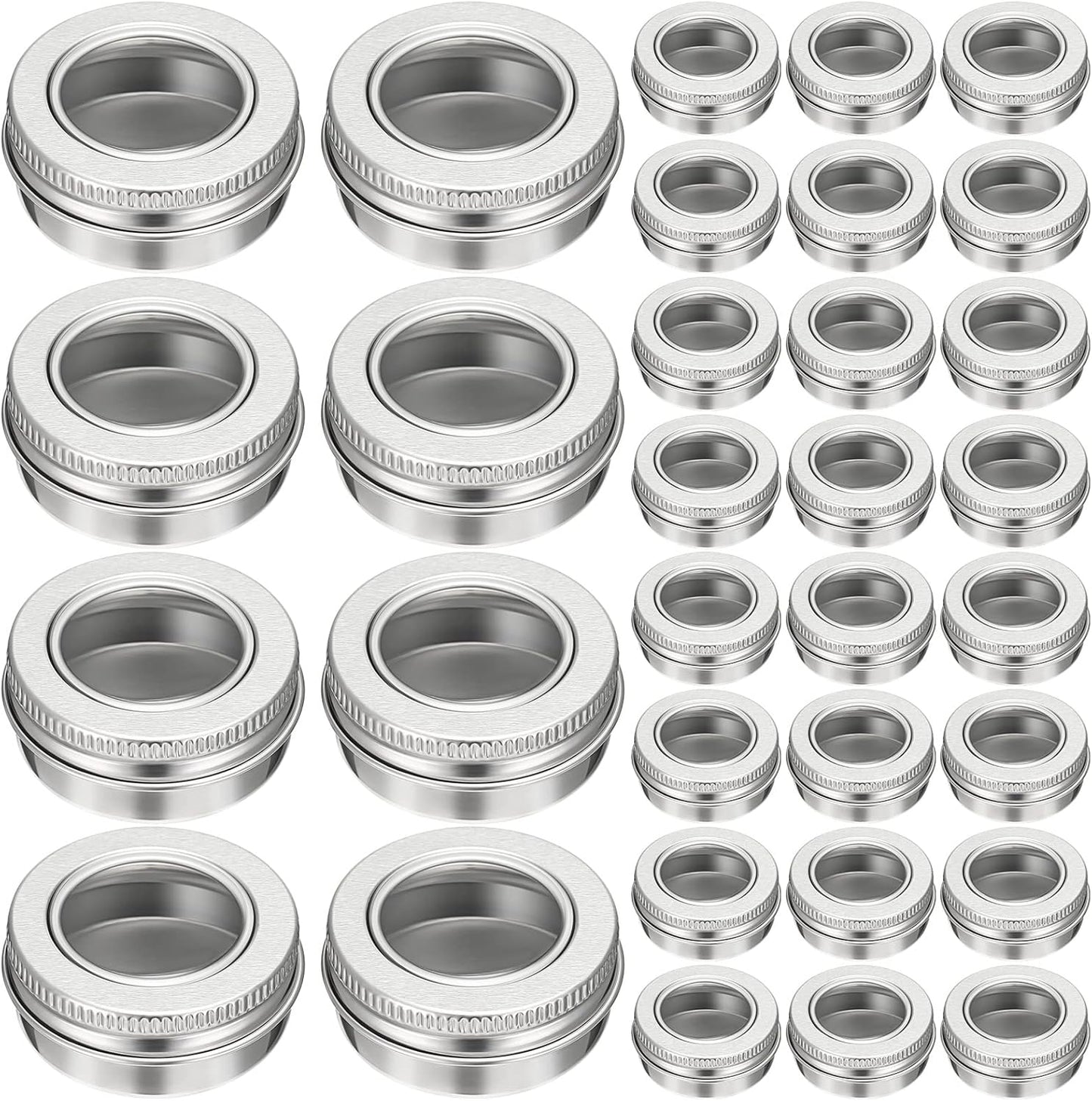Zubebe 100 Pcs Aluminum Tin Jar Refillable Containers Clear Top Screw Lid Round Tin Container Bottle for Cosmetic, Cream, Diamond Painting, Salves, Balms, Lip Balm, Spices or Others, Silver (1 oz)