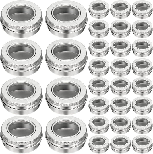 Zubebe 100 Pcs Aluminum Tin Jar Refillable Containers Clear Top Screw Lid Round Tin Container Bottle for Cosmetic, Cream, Diamond Painting, Salves, Balms, Lip Balm, Spices or Others, Silver (1 oz)