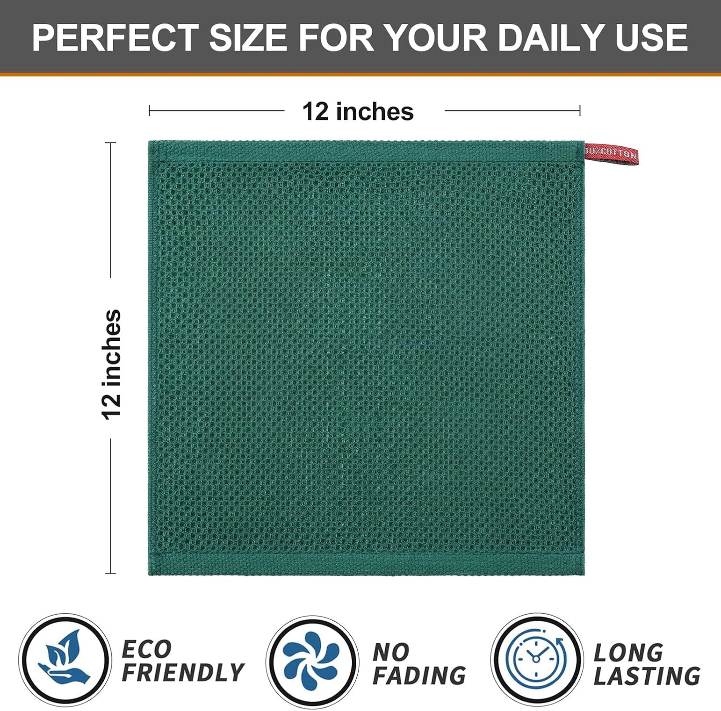 Kitinjoy 100% Cotton Kitchen Dish Cloths, 6 Pack Waffle Weave Ultra Soft Absorbent Dish Towels for Drying Dishes Quick Drying Kitchen Towels Dish Rags, 12 X 12 Inches, Dark Green