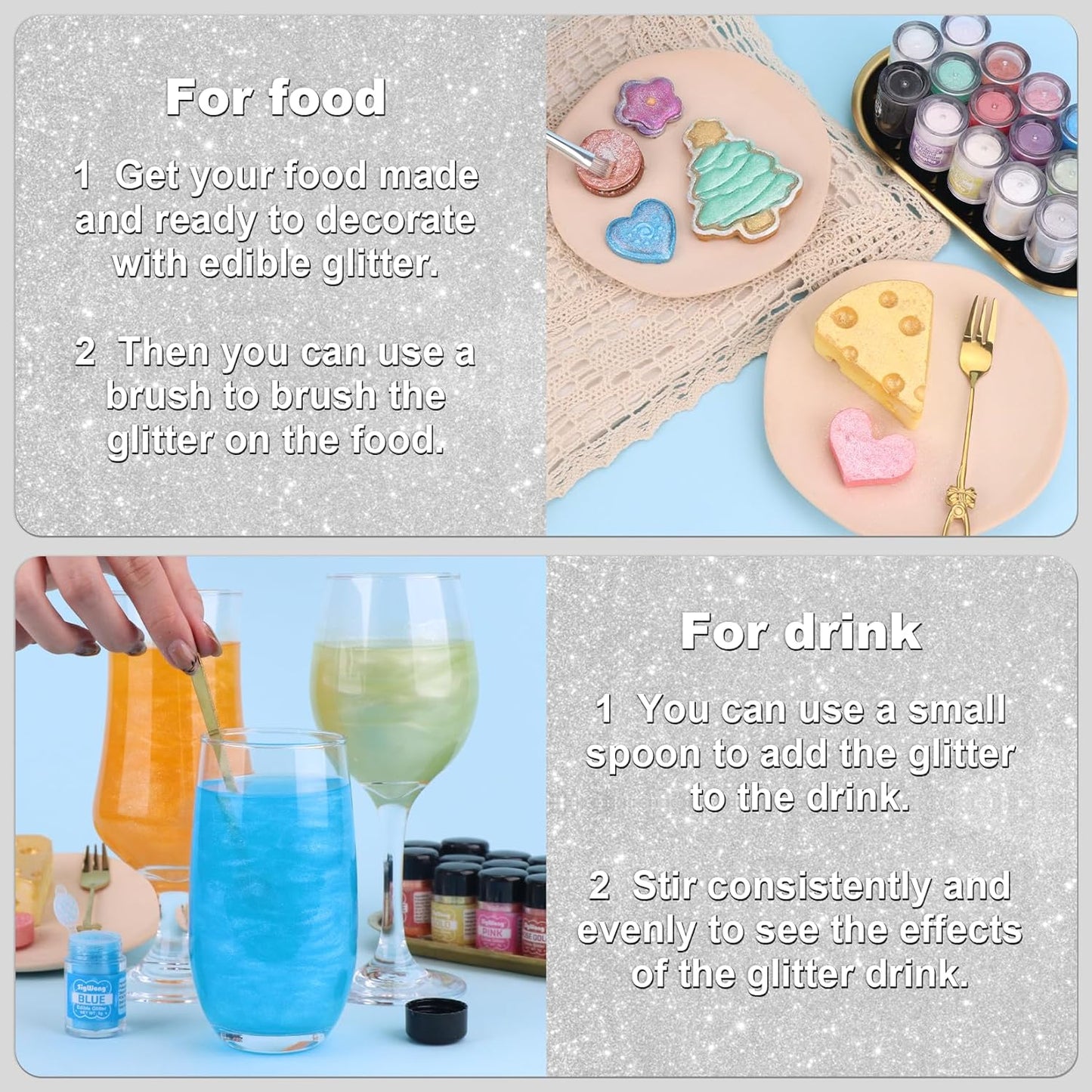 Silver Edible Glitter - 5g Food Grade Cake Decorating Shimmering Glitter, Edible Sprinkle Luster Dust for Drinks, Chocolates, Fondant, Strawberries, Cupcakes, Candy, Cookie - Vegan