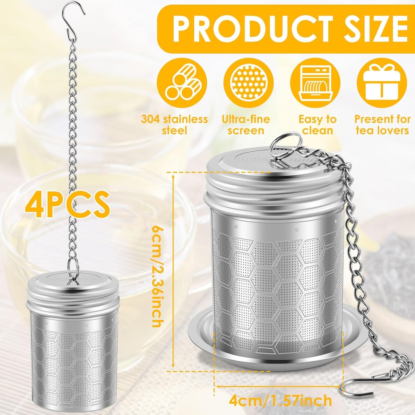 Tea Infuser Strainers with Drip Tray 304 Stainless Steel Tea Filter Strainer with Chain Hook Fine Mesh Tea Infuser Steeper Reusable Tea Strainers Easy to Use for Loose Tea Mulling Spices (Silver 4PCS)