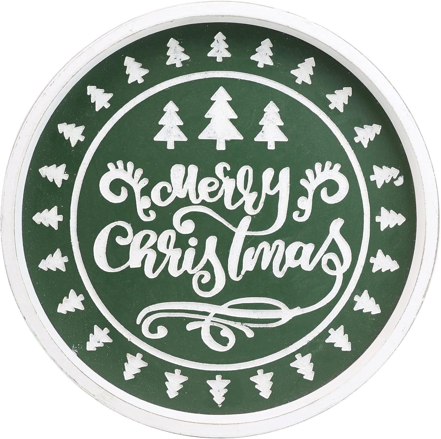 Christmas Wood Decorative Ottoman Tray for Coffee Table Kitchen Counter, Living Room, Round Handcrafted Green Wooden Serving Tray for Table Centerpiece