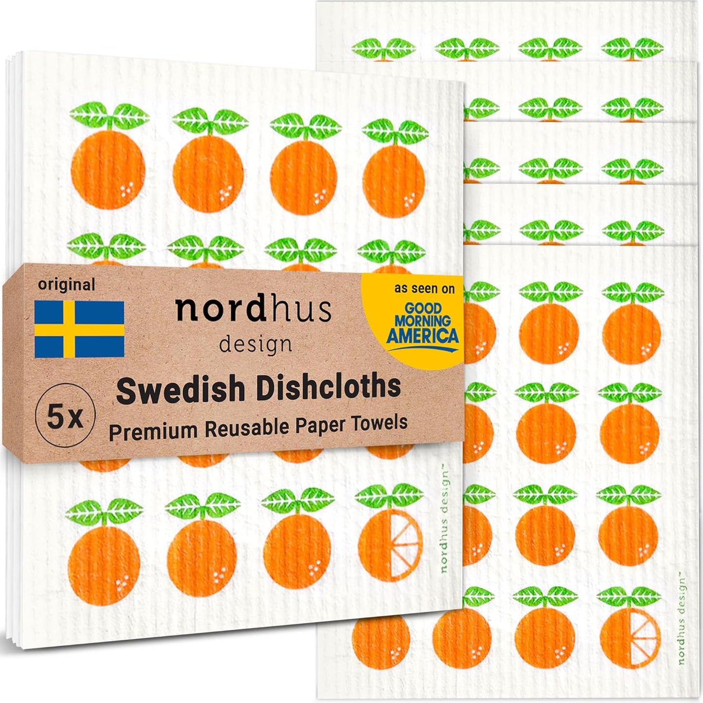 Nordhus Design Swedish Dishcloths, 5 Pack Oranges, Made in Sweden - Reusable, Washable Cellulose Cotton Kitchen Cloths - Replace Paper Towels, Wipes, Sponges, Dish Rags