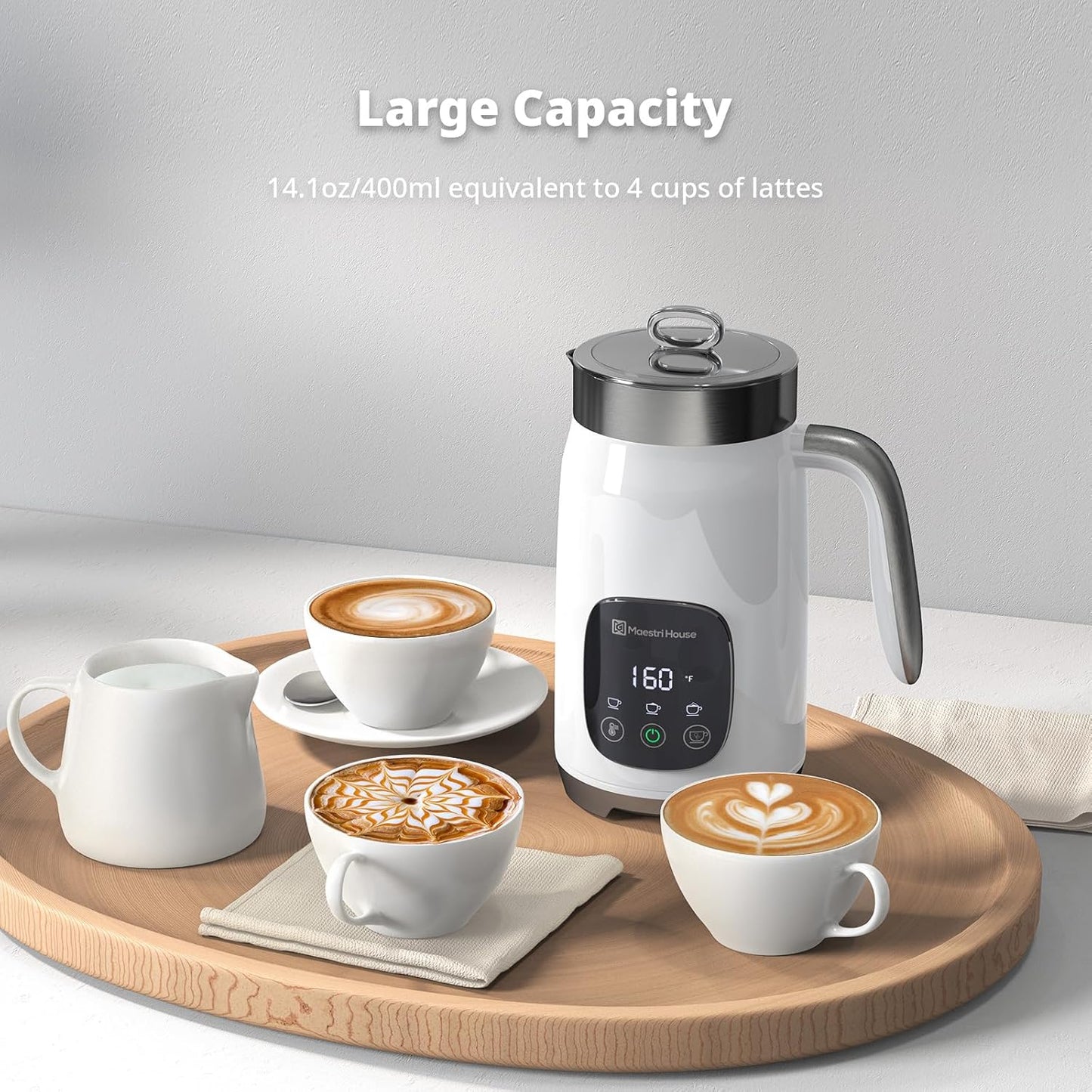 Maestri House Milk Frother, Variable Temp and Froth Thickness Milk Frother and Steamer, 14.1OZ/400ML Smart Touch Control Foam Maker, Memory Function for Latte, Warm Milk, Hot Chocolate