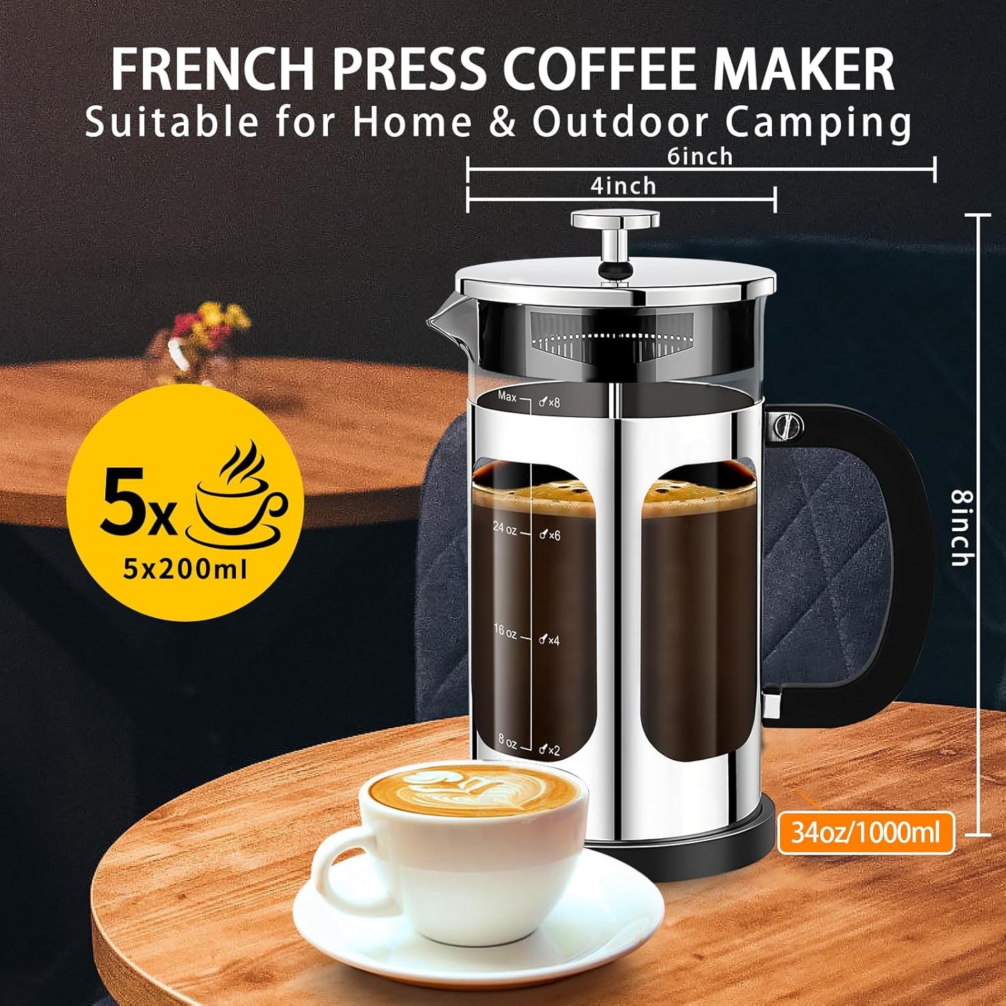 French Press Coffee Maker (34oz 1Quart 5-6Cup) Coffee Press, with 4 Filters System, Heat Resistant Thickness Borosilicate Glass, Cold Brew Coffee Tea Pot Gifts (Silvery)