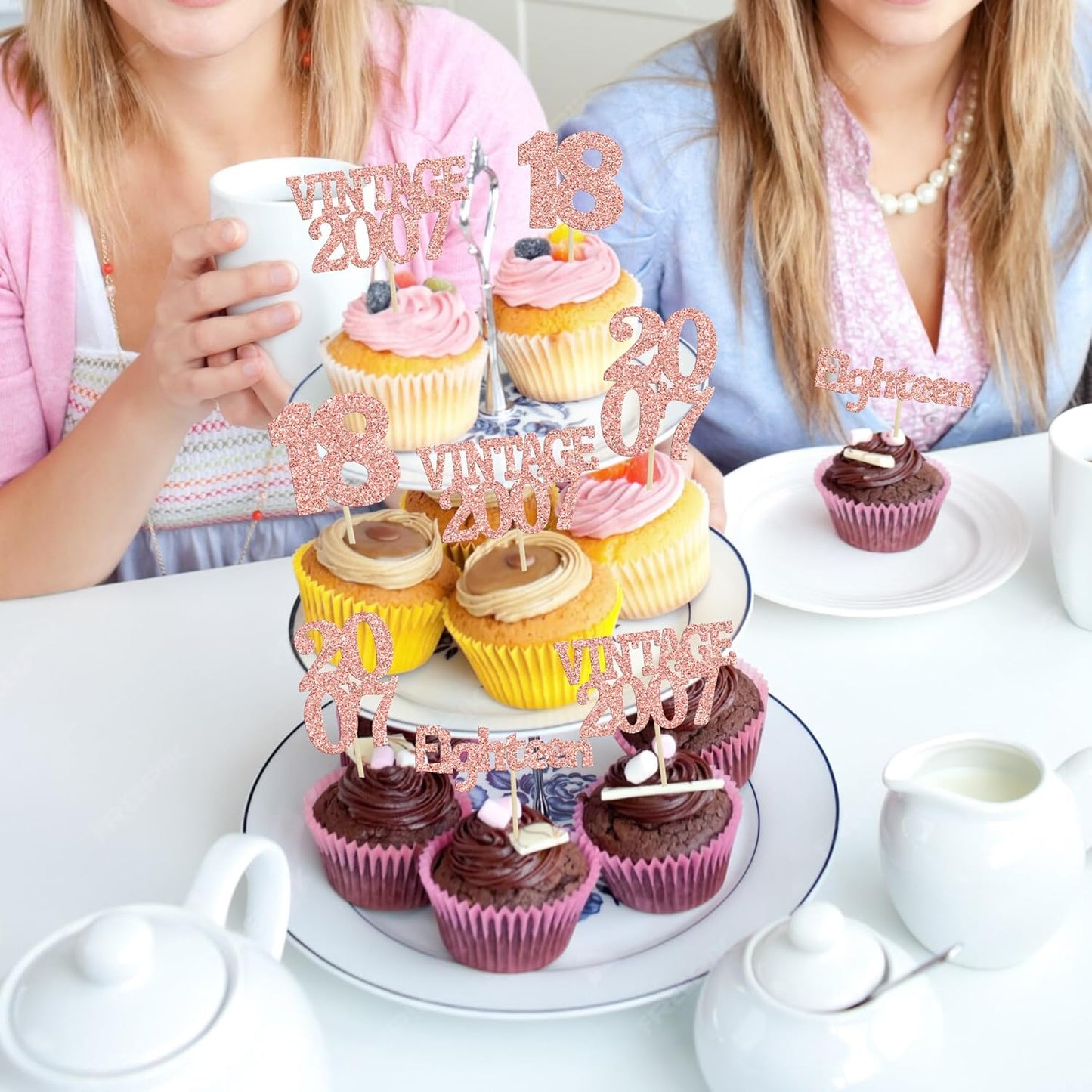 Gyufise 24Pcs 18th Birthday Cupcake Toppers Glitter Eighteen Vintage 2007 Hello 18 Years Birthday Cupcake Picks Adultish 18 Cake Decoration for Happy 18th Birthday Anniversary Party Supplies Rose Gold