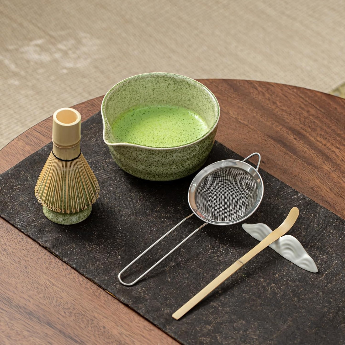 Matcha Set, Matcha Whisk Set Includes Matcha Bowl with Spout, Bamboo Whisk, Matcha Whisk Holder, Sifter, Scoop, Spoon Holder, Tea Towel- 7pcs Perfect Matcha Kit for Matcha Tea Ceremony (Jade Green)