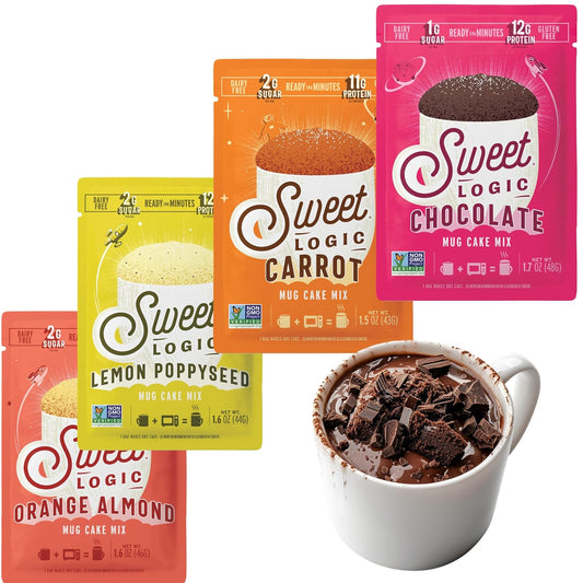 Sweet Logic Keto Dessert Mug Cake Mixes - Variety Pack - Triple Chocolate, Carrot Cake, Lemon Poppyseed, & Orange Almond - Low Sugar - Low Carb - Gluten-Free - High Protein - All Natural (4 Pack)