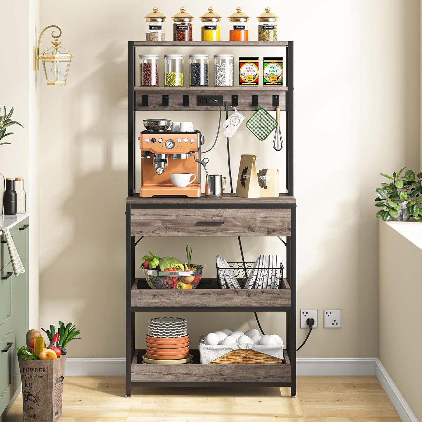 LITTLE TREE Kitchen Baker’s Rack with Power Outlets, Freestanding 5-Tier Microwave Stand with Drawers & Sliding Shelves, Coffee Bar with 6 Hooks for Dining Room Living Room, Grey & Black