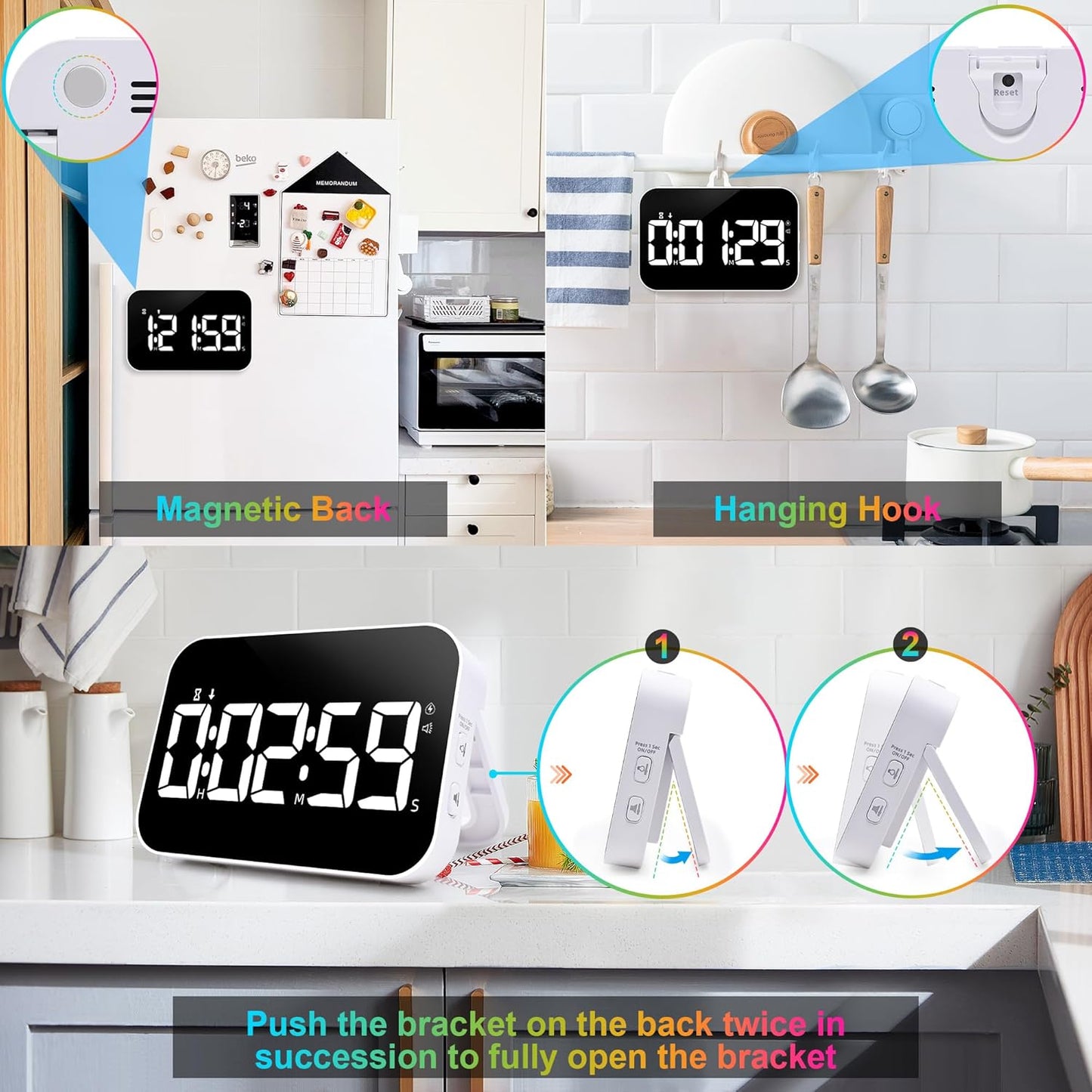 Kitchen Digital Timer, Rechargeable Magnetic Timers with Countdown/up, Kids Timer with 5”LED Display 3 Brightness 4 Volume Adjustable for Classroom/Office/Home/Work/Study/Fitness/Game-White