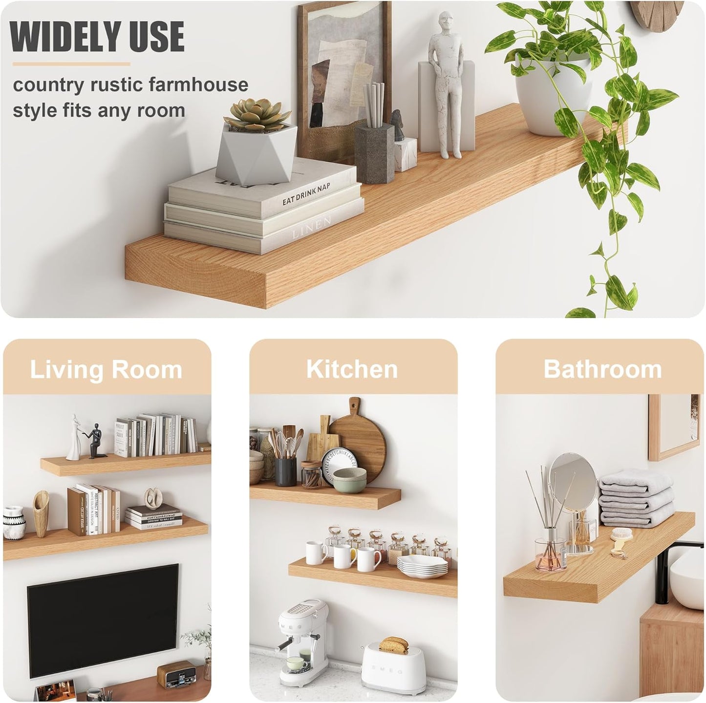 Floating Shelves for Wall, USA-Sourced Oak Wood 55 Inch Long Wall Shelves, Natural Wooden Wall Mounted Picture Ledge Shelf, Nursery Book Storage Shelf Kids Bookshelf, Display Shelf for Bathroom