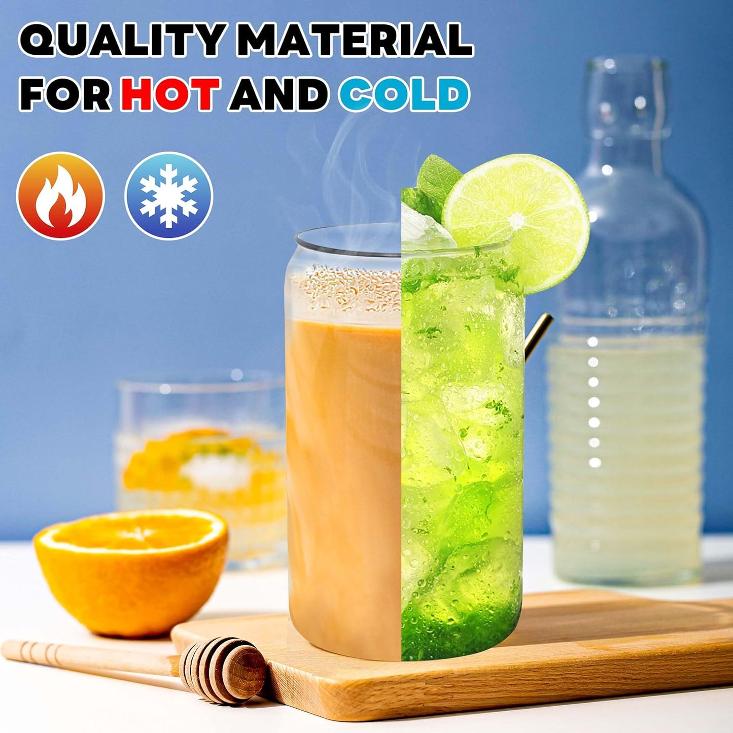 Joyclub Glass Cups with Bamboo Lids and Straws 12 Set 16 oz Reusable Iced Coffee Cup Beer Can Drinking Jars for Smoothie Whiskey Boba Soda Tea Gift