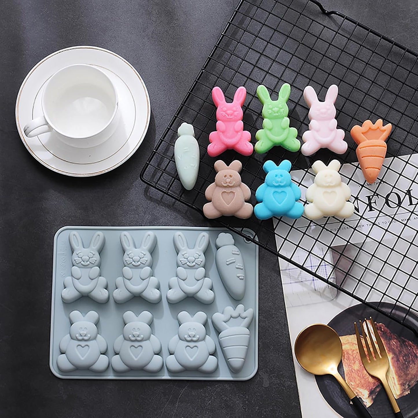 2 Pcs Easter Silicone Molds, 8- Cavity Non-Stick Bunny Carrot Baking Molds, Chocolate Cake Molds, for Making Candy, Soap, Ice Cube, Pudding, Jelly, Soap, Cake Topper Decoration
