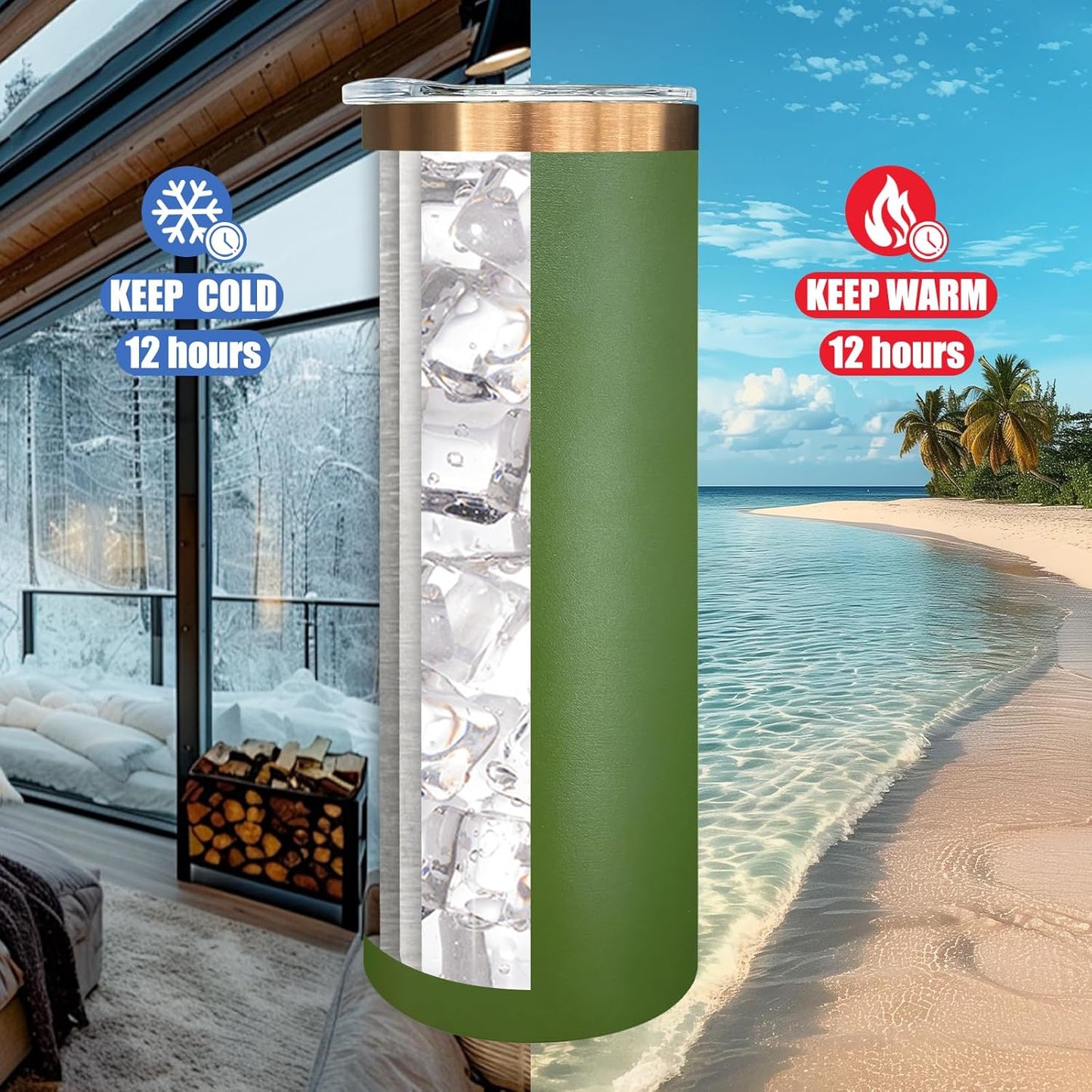 20 oz Skinny Tumblers Bulk, Stainless Steel Insulated Tumbler with Lids and Straws, Slim Double Wall Powder Coated Travel Coffee Mugs, Reusable Cup for Hot and Cold Drinks (Army Green,1 pack)