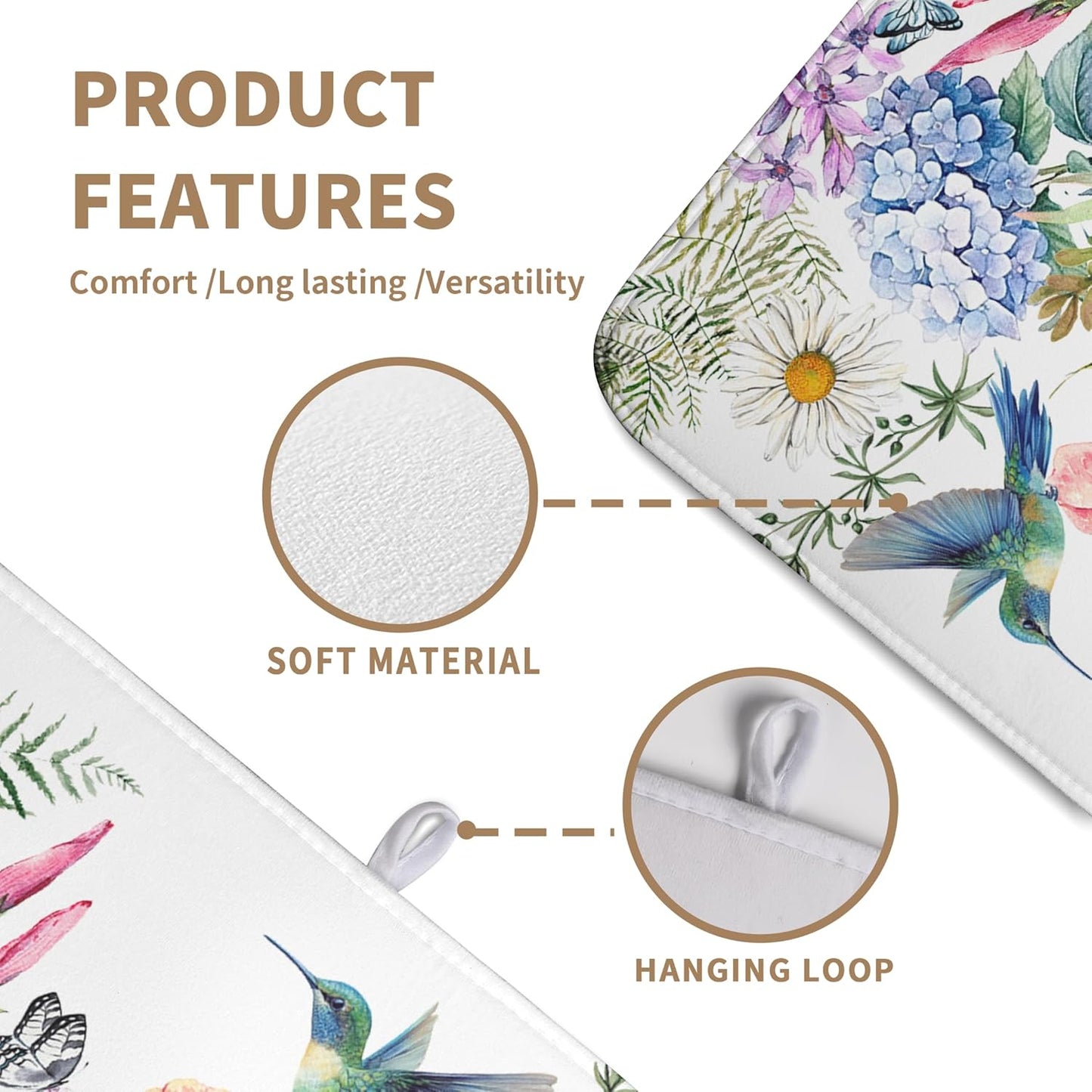 Spring Floral Birds Dish Drying Mat Summer Butterfly Flowers Kitchen Dish Drying Pad Daisy Absorbent Dish Dryer Mat for Kitchen Countertops Microfiber Dishes Drainer Pad (18x24 in)