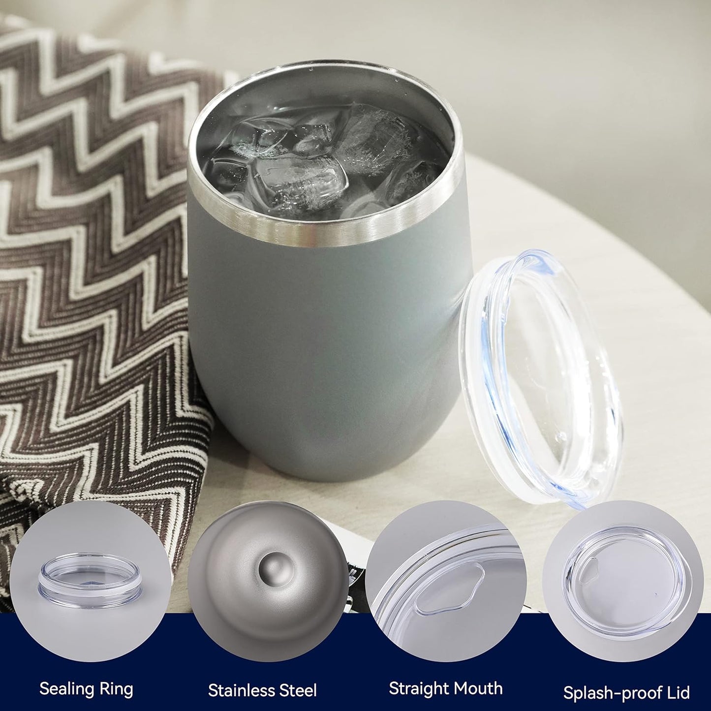 DOMICARE Stainless Steel Wine Tumbler Bulk with Lid, Personalized Insulated Tumblers Set, 12oz Travel Coffee Cups Pack of 4, Gray