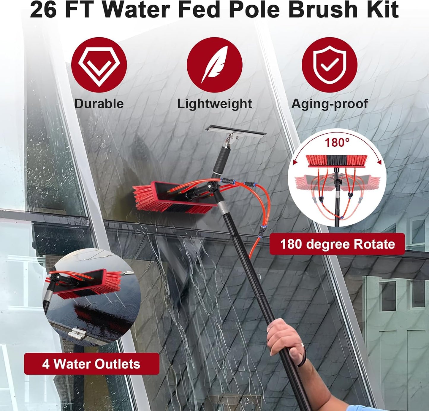 26ft Water Fed Pole Kit, Rotatable Solar Panel Cleaning Brush & Squeegee, 2 Dusting Brushes, Extendable Black Lightweight Pole for Roof Window