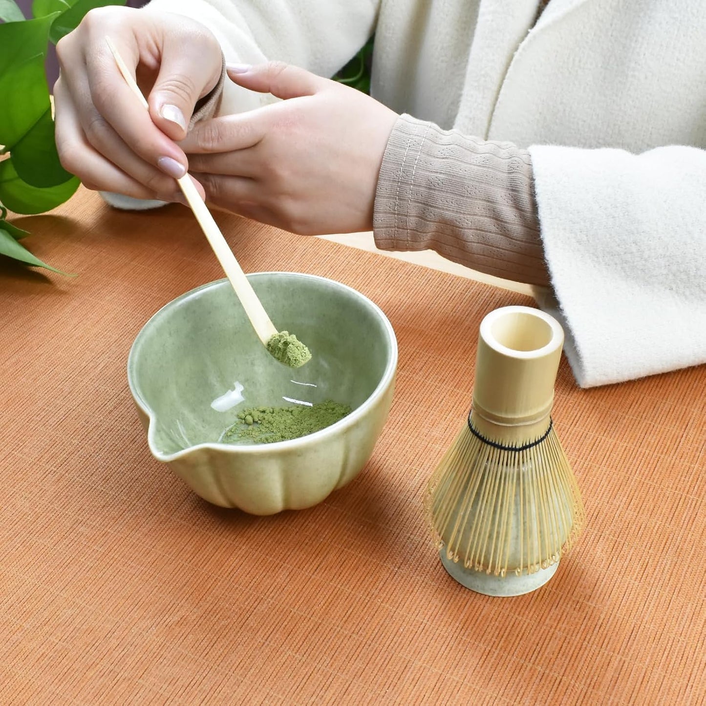Artcome 4 Pcs Japanese Matcha Tea Set - Matcha Bowl with Pouring Spout, Matcha Whisk, Tea Scoop, Whisk Holder, Handmade Matcha Ceremony Kit For Japanese Tea Ceremony, Mottled Green