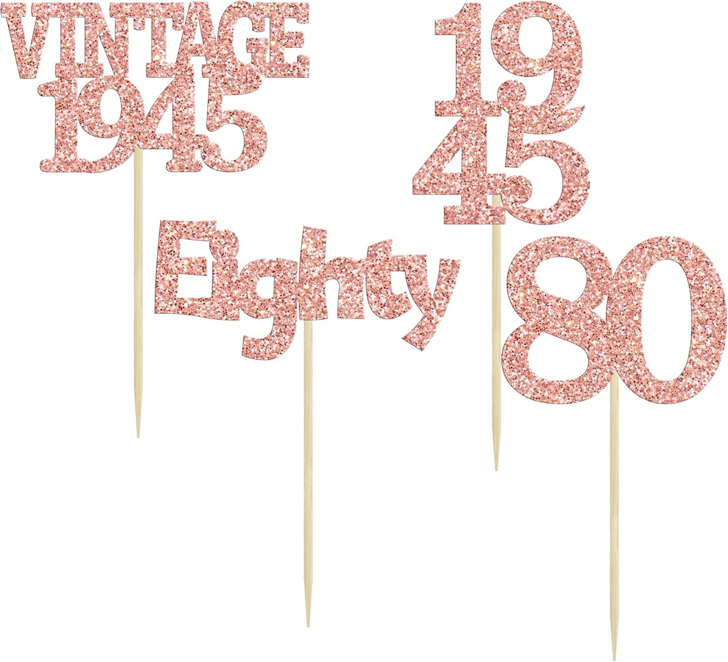 Gyufise 24Pcs 80th Birthday Cupcake Toppers Glitter Cheers to 80 Fabulous Eighty Vintage 1945 Cupcake Picks 80th Birthday Wedding Anniversary Party Cake Decorations Supplies Rose Gold